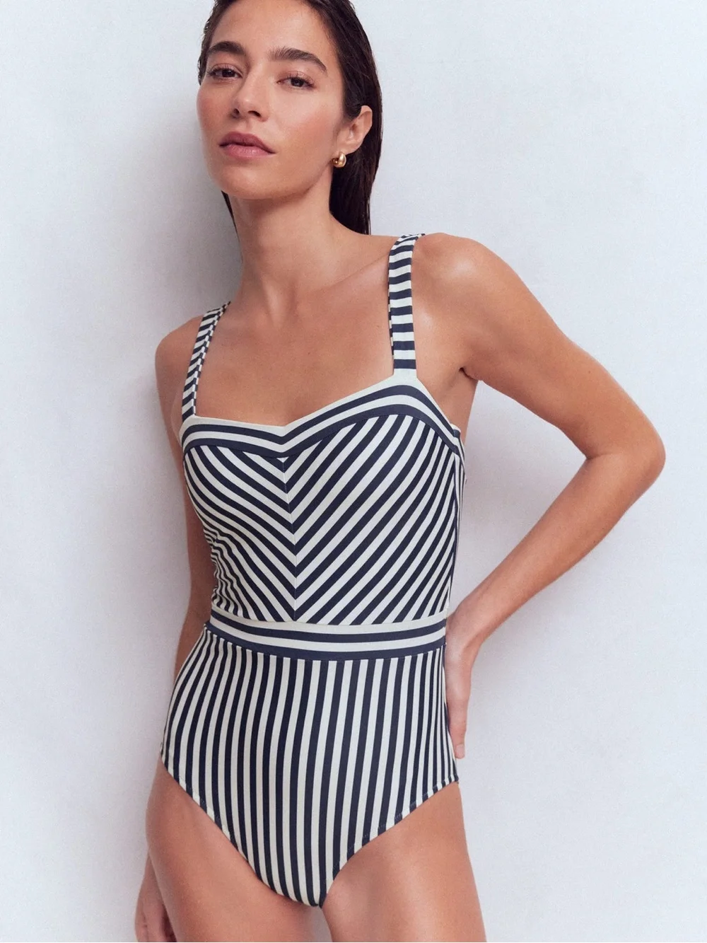 BODEN Women’s Clean Sweetheart Swimsuit Navy and Ivory Stripe Size 8R New - Picture 1 of 10